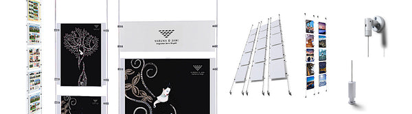 Cable Displays and suspended signs that can hang from the ceiling, wall, or from the ceiling to the floor.