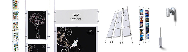 Cable Displays and suspended signs that can hang from the ceiling, wall, or from the ceiling to the floor.