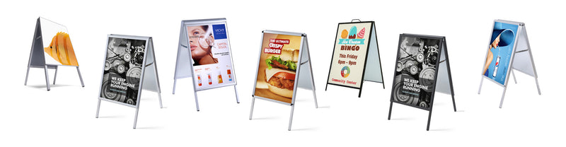 Folding A-Frame Signs for Poster Boards with custom printed graphics, made of aluminum or steel