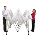 Two people setting up a plain white 10' standard tent kit