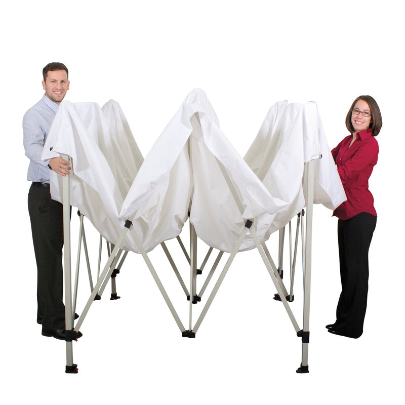 Two people setting up a plain white 10' standard tent kit