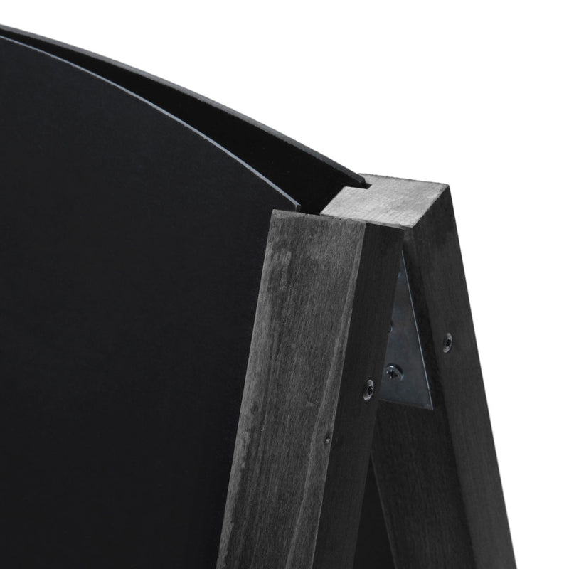 Corner view of black A-frame chalkboard AF-CH-BL-RB-34
