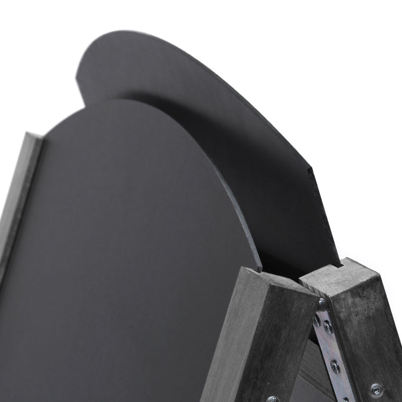 Detailed view of black A-frame chalkboard with the different heights of removable boards AF-CH-BL-RB-48