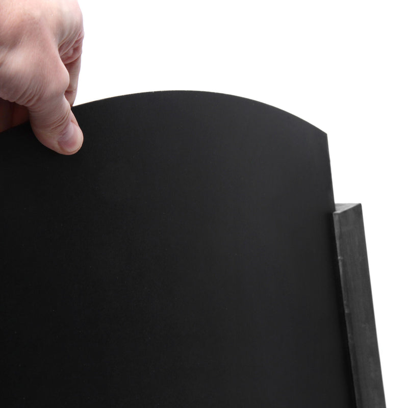 Person holding black A-frame chalkboard insert AF-CH-BL-RB-48