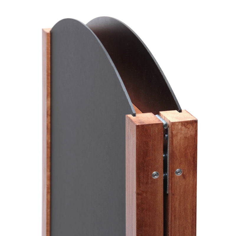 Close up view of top of brown A-frame chalkboard in folded position with hinges visible AF-CH-BR-RB-48