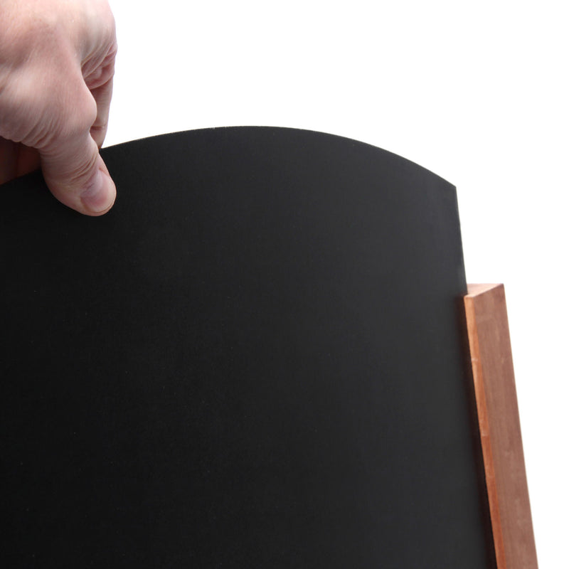 Person holding removable board in the brown A-frame chalkboard sign AF-CH-BR-RB-48