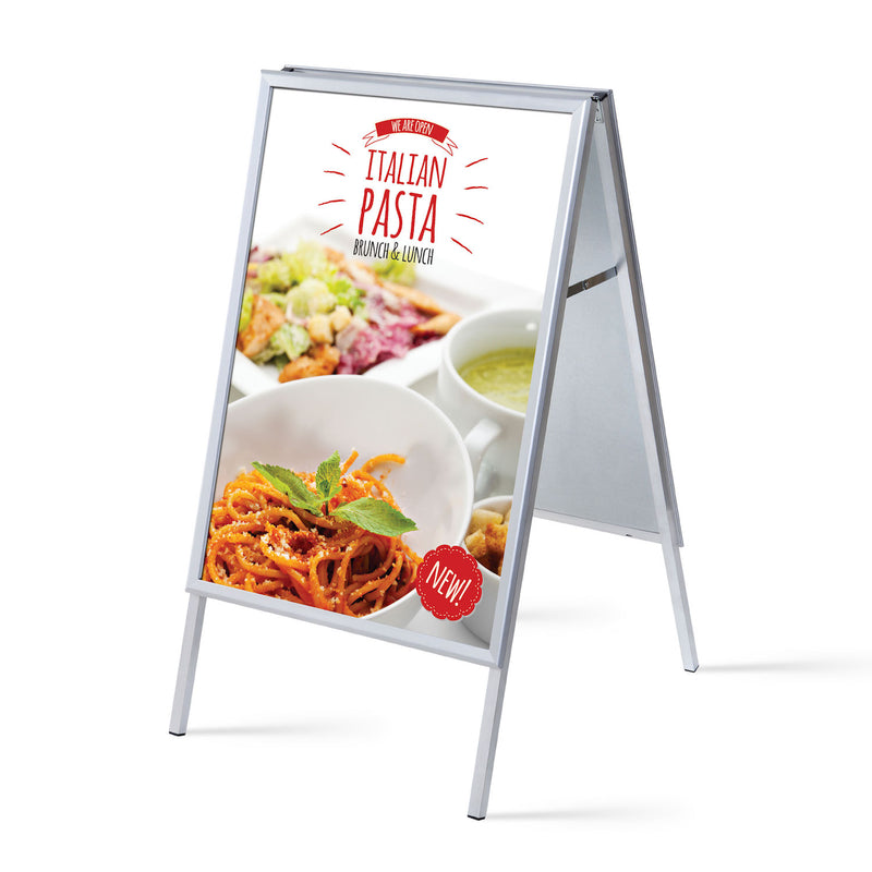 Full view of silver A-frame sign stand with pasta graphics AF-SN-24-36