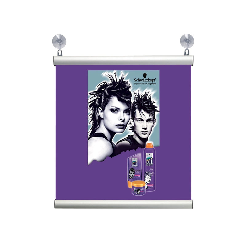 Small poster featured on aluminum banner rail with suction cups for displaying in windows BR-SN-11