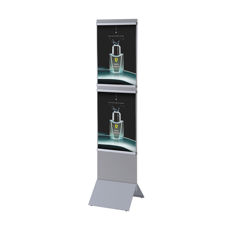 Floor sign base with two poster boards held in with poster rails