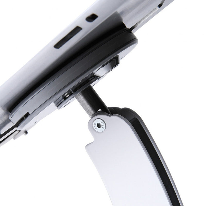 Detailed view of rotating and tilt bracket on the white iPad counter stand IPAD-CS-GR-WH-10