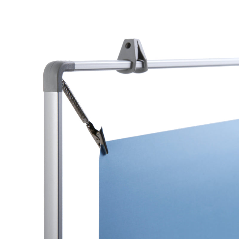 Side view of the poster stretch frame with clips and hooks