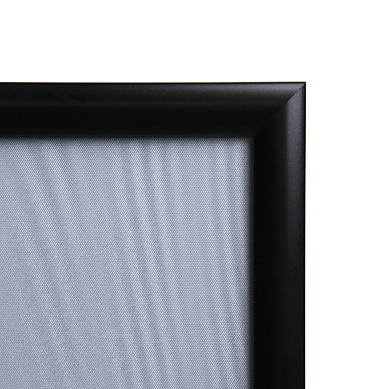 Front right corner view of black poster frame in the closed position