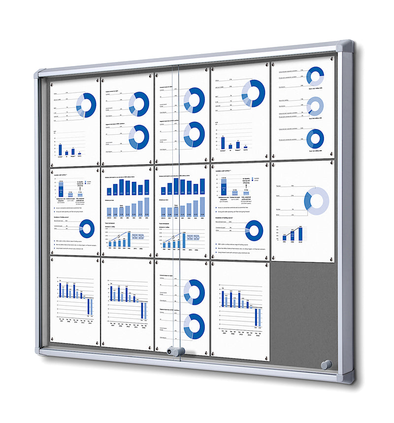 46x39 Enclosed Bulletin Board with sliding door, the gray fabric board fits 15 pages