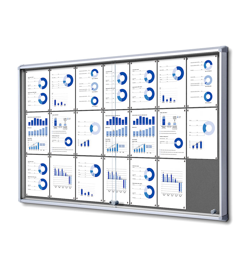 63x39 Enclosed Bulletin Board with sliding door, the gray fabric board fits 21 pages
