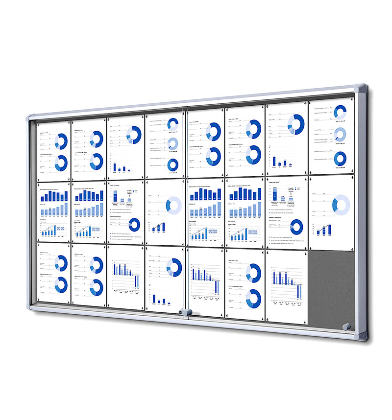 72x39 Enclosed Bulletin Board with sliding door, the gray fabric board fits 24 pages