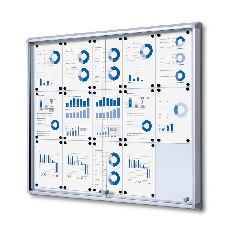 Enclosed Bulletin Board with Sliding Door, Magnetic board fits 15 pages