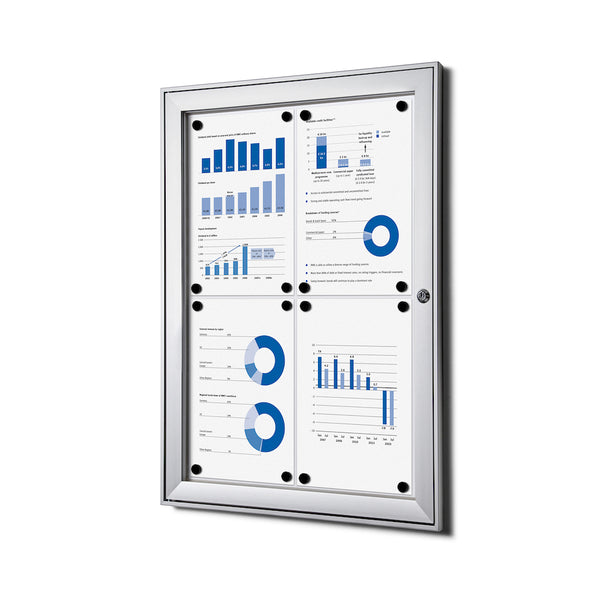 Enclosed Bulletin Board with Swing Door, Locking. Premium quality, designed for indoor use. Fits 4 pages #Color_Silver
