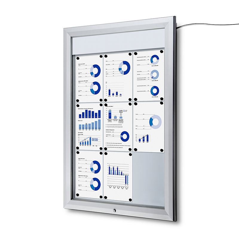 LED illuminated Outdoor Bulletin Board with Swing Door. Size 32x46, fits 9 pages. Locking and Magnetic board. Premium quality.