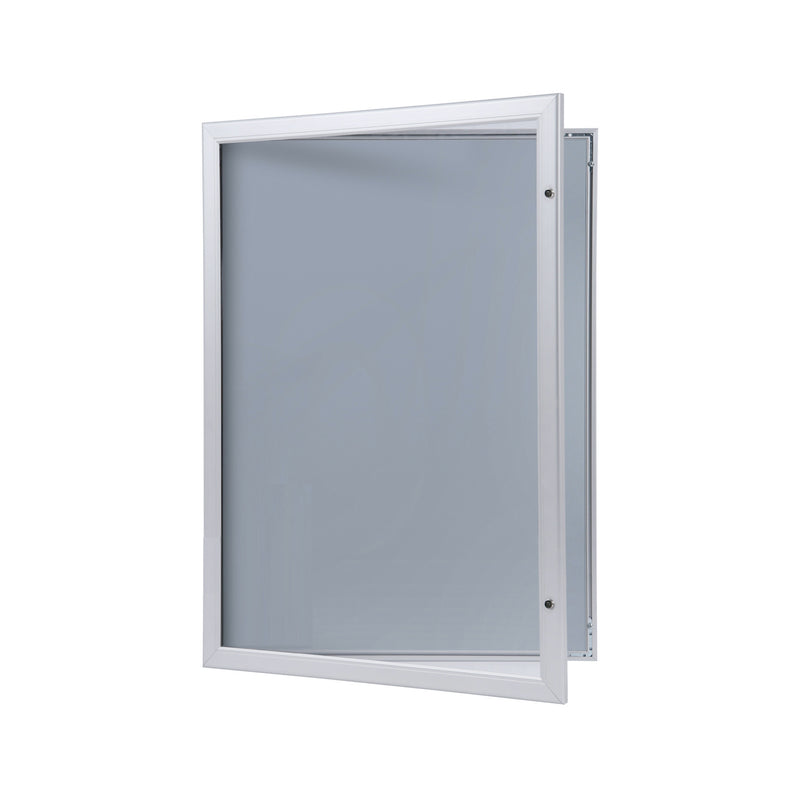 Poster display case with open door