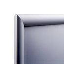 Angled (side) view of front left corner of silver poster snap frame