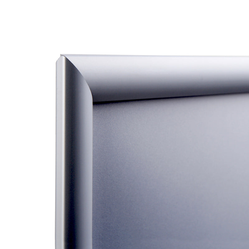 Angled (side) view of front left corner of silver poster snap frame